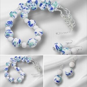 Teal Blue White Ceramic Beaded Duo Set